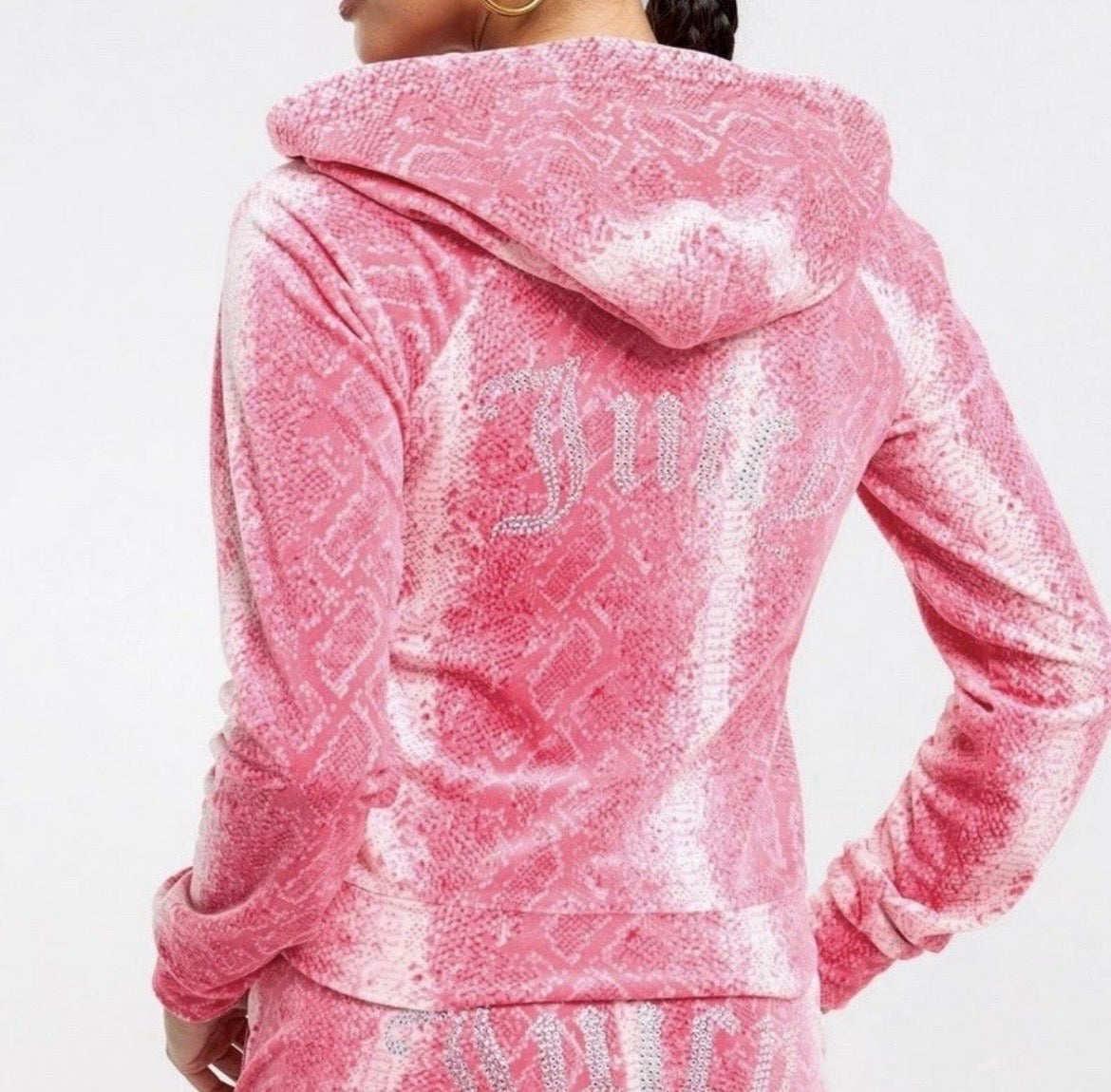 JUICY COUTURE Diamante Velour Zip Hoodie Jacket Womens Pink Snake Print