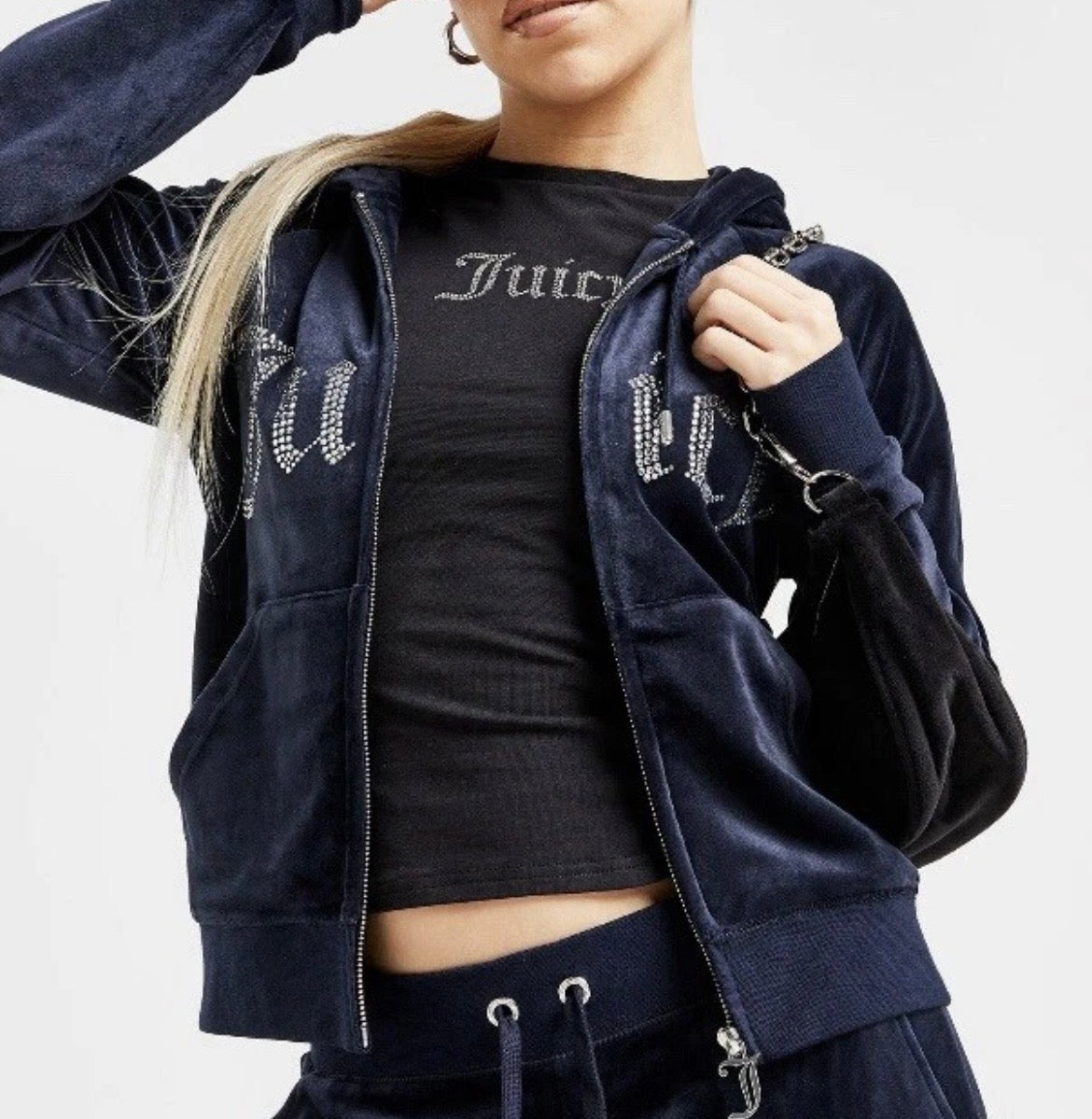 JUICY COUTURE Diamante Velour Logo Full Zip Hoodie Jacket Blue Womens