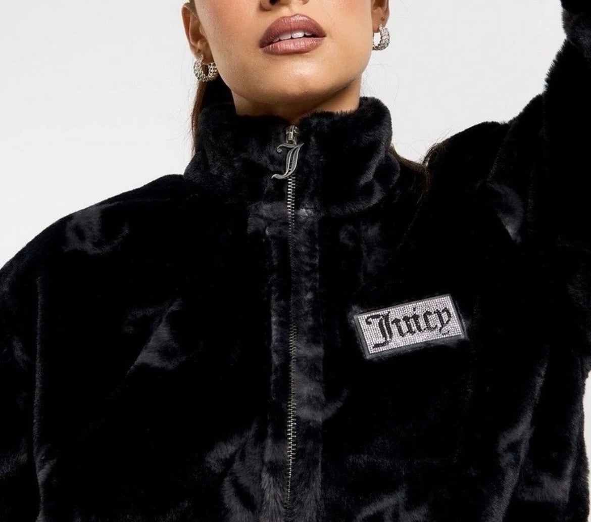 JUICY COUTURE Faux Fur Jacket Full Zip Womens Black Juicy Print All Over