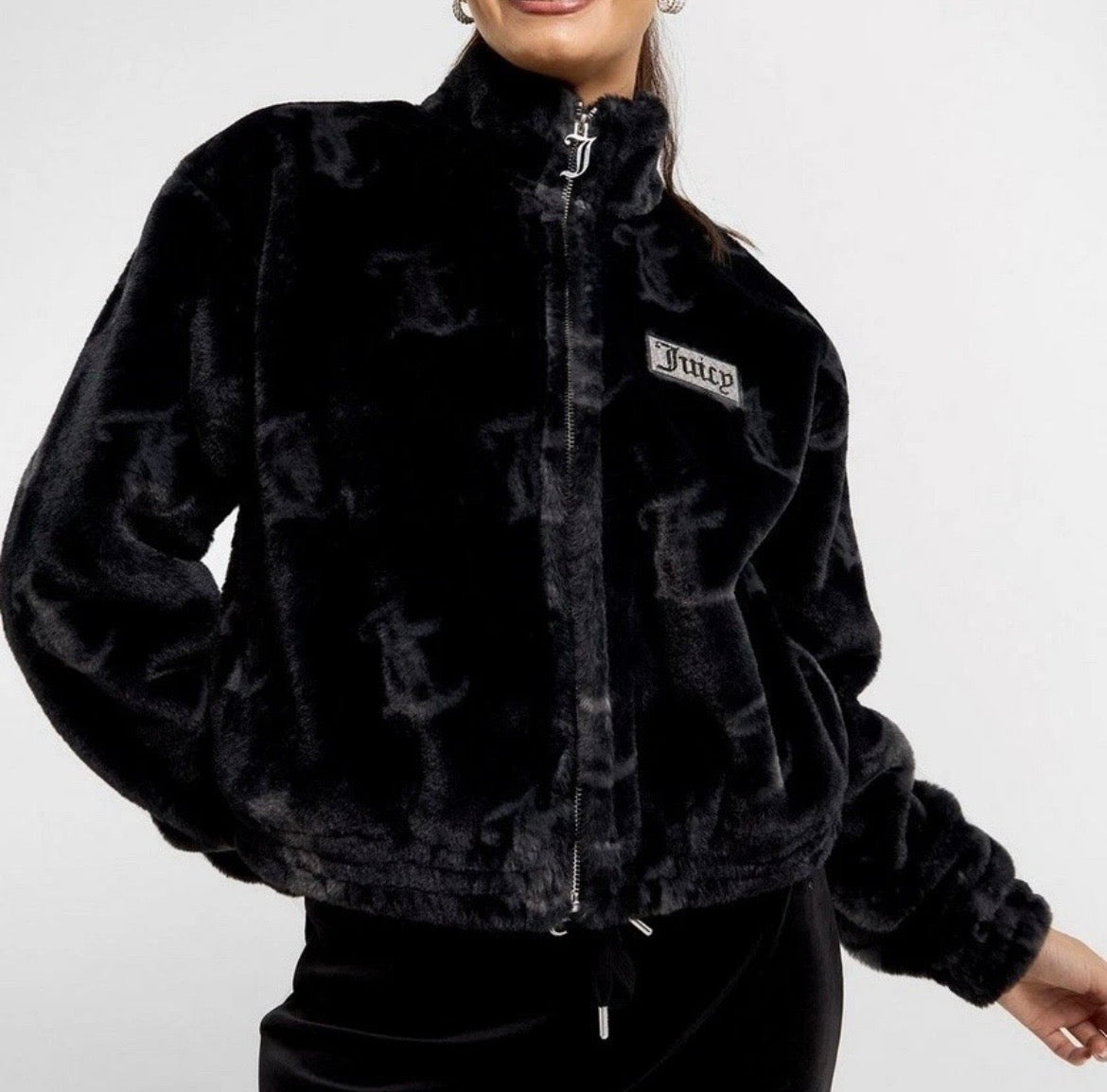 JUICY COUTURE Faux Fur Jacket Full Zip Womens Black Juicy Print All Over