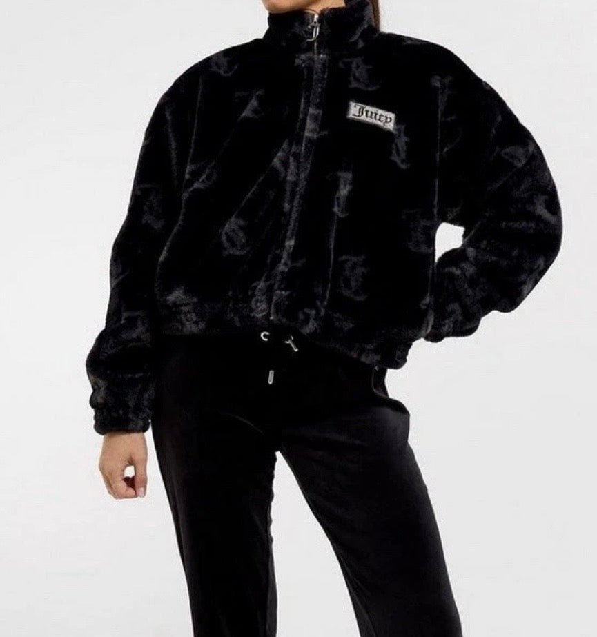JUICY COUTURE Faux Fur Jacket Full Zip Womens Black Juicy Print All Over