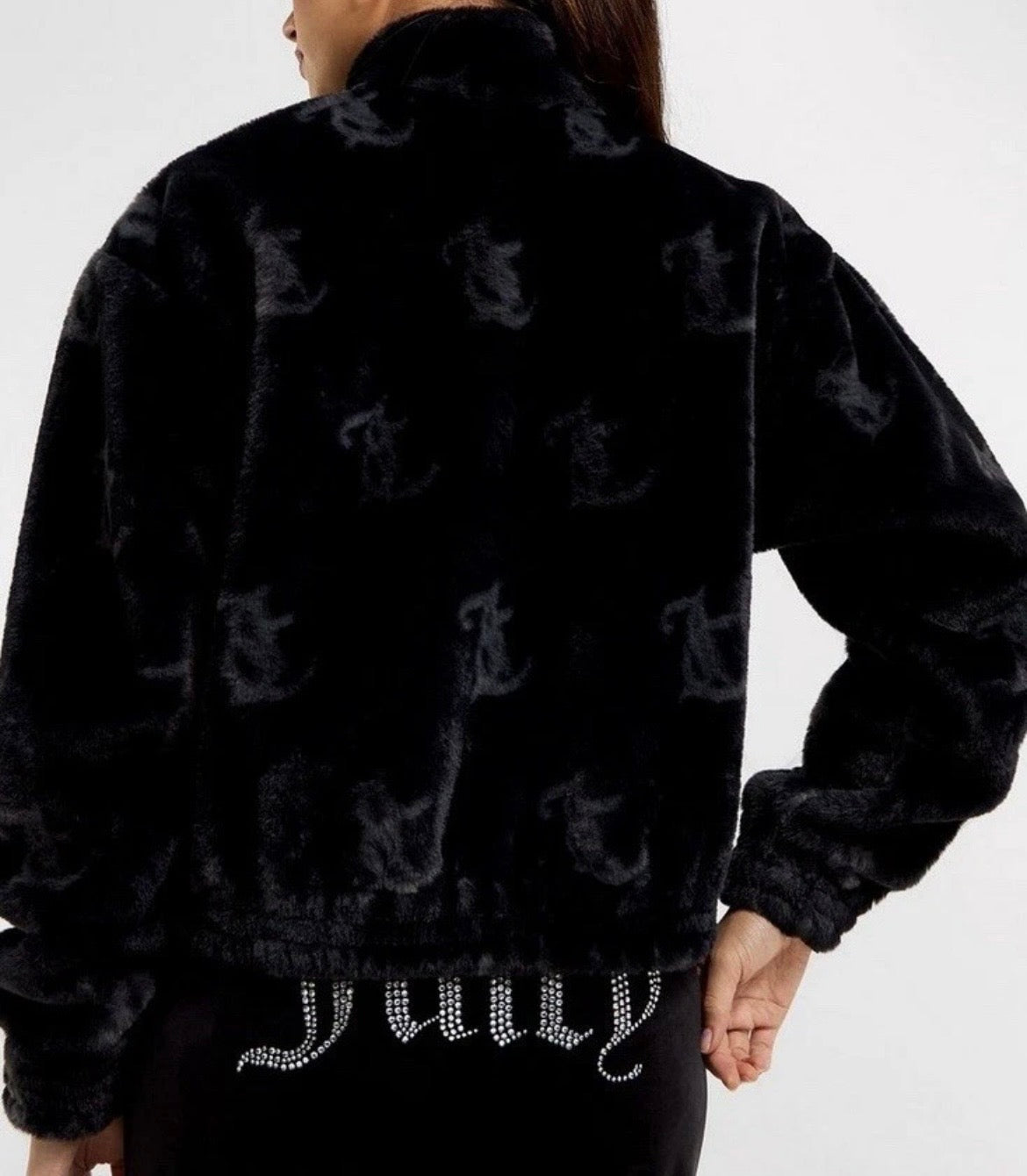 JUICY COUTURE Faux Fur Jacket Full Zip Womens Black Juicy Print All Over