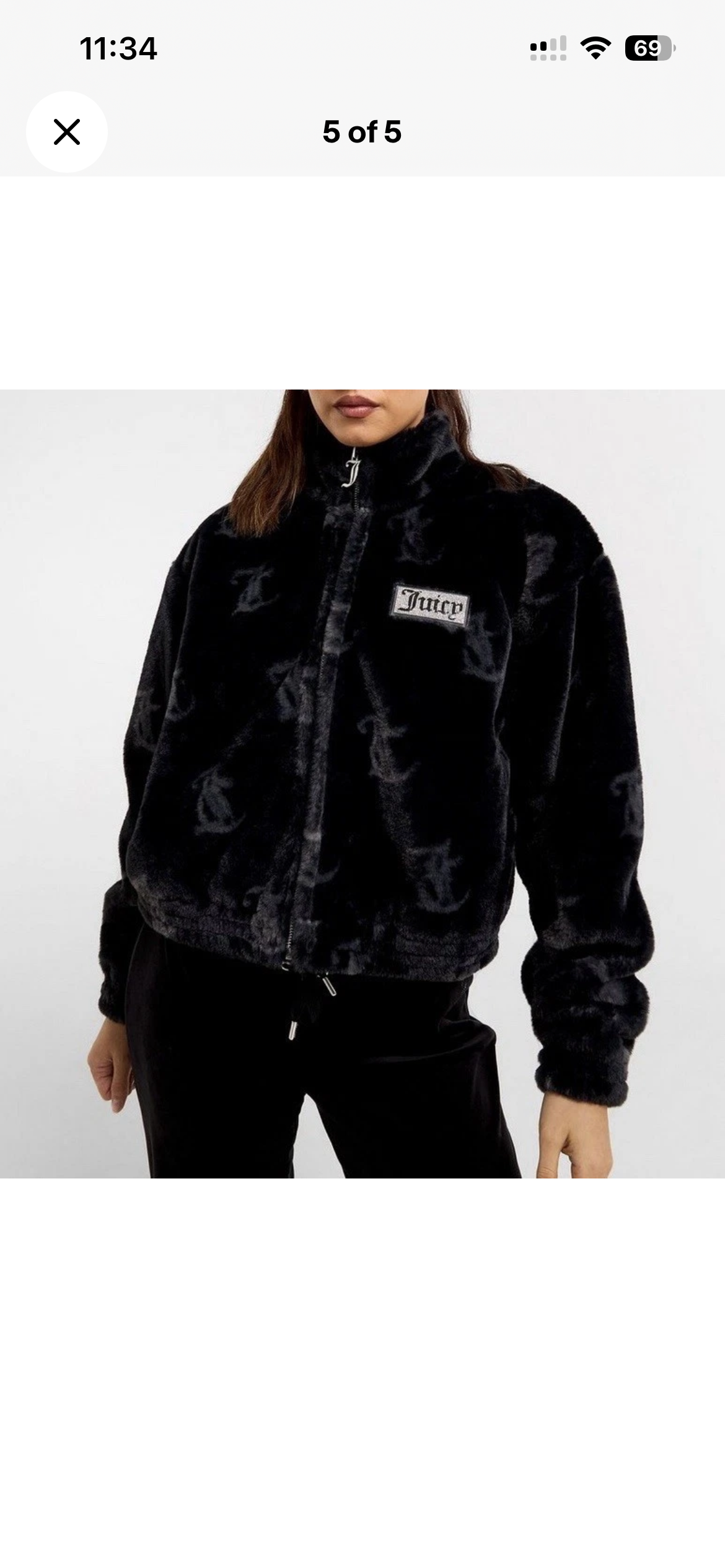 JUICY COUTURE Faux Fur Jacket Full Zip Womens Black Juicy Print All Over