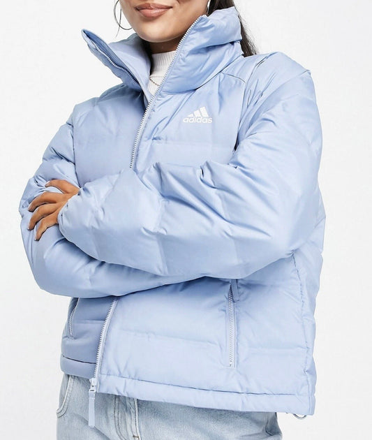 Adidas Helionic Down Puffer Jacket Womens Blue Full Zip 3 Stripes