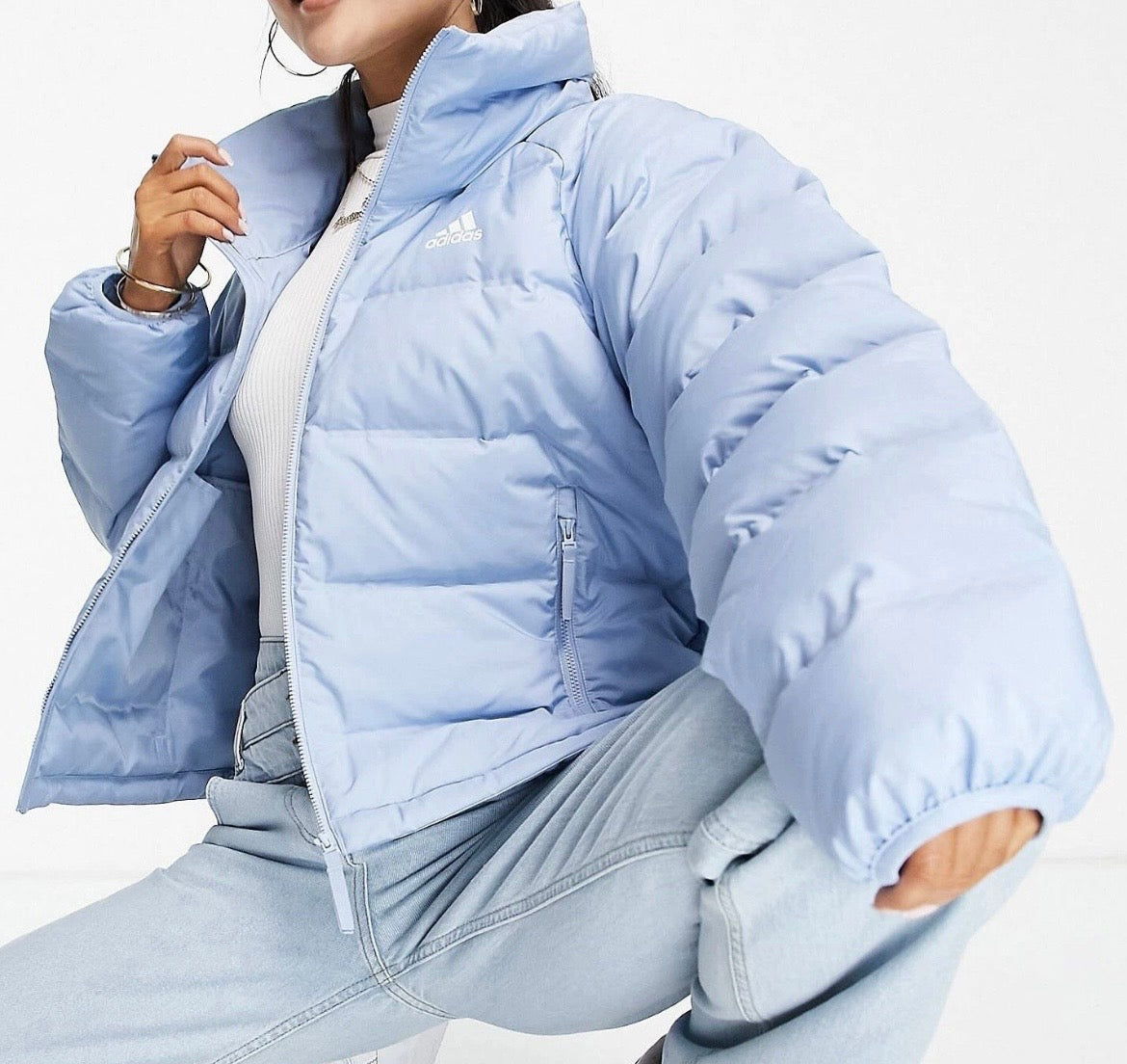 Adidas Helionic Down Puffer Jacket Womens Blue Full Zip 3 Stripes