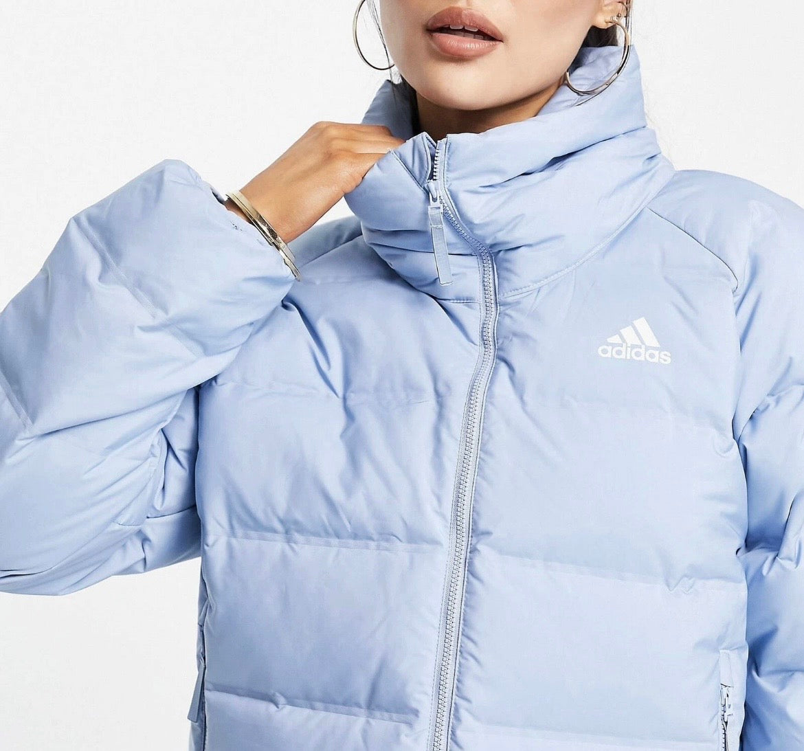 Adidas Helionic Down Puffer Jacket Womens Blue Full Zip 3 Stripes