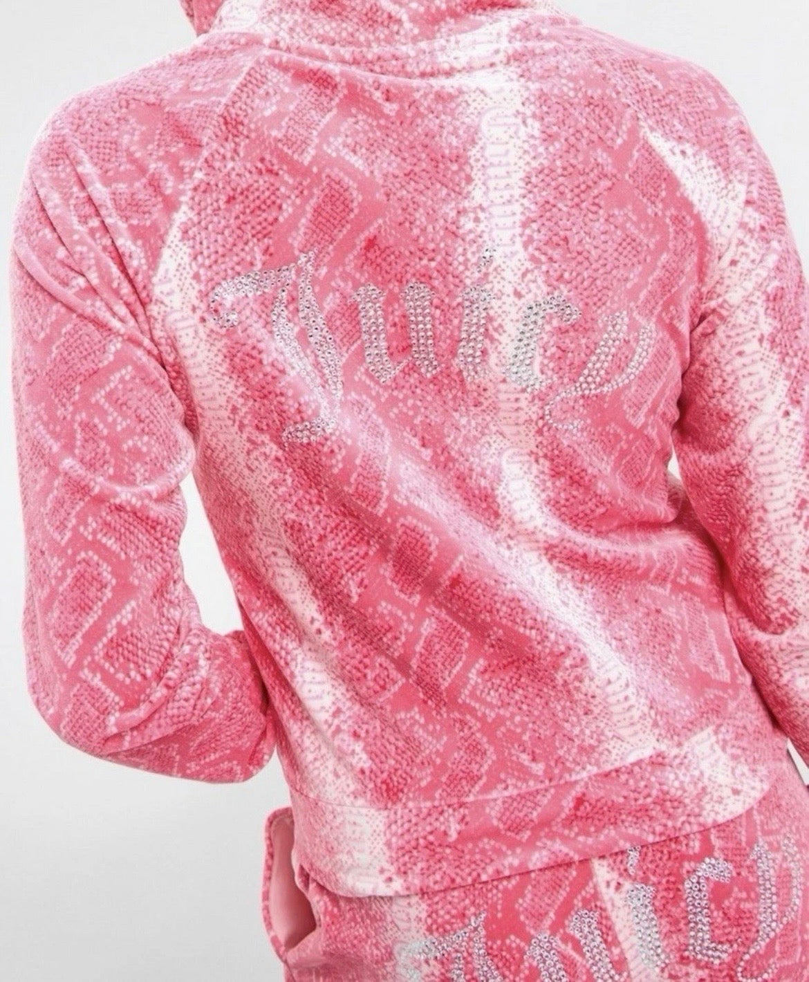 JUICY COUTURE Diamante Velour Zip Hoodie Jacket Womens Pink Snake Print