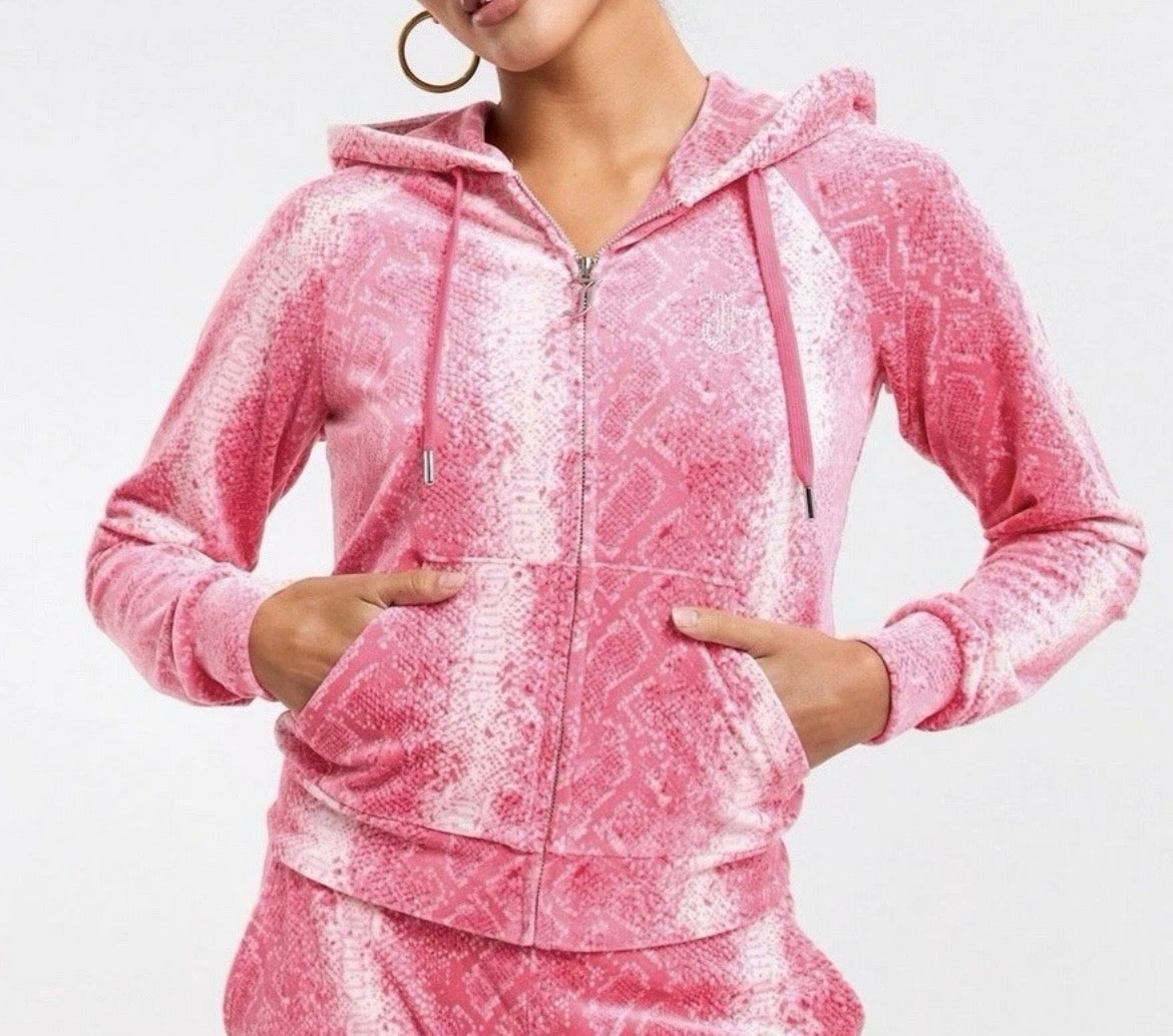 JUICY COUTURE Diamante Velour Zip Hoodie Jacket Womens Pink Snake Print