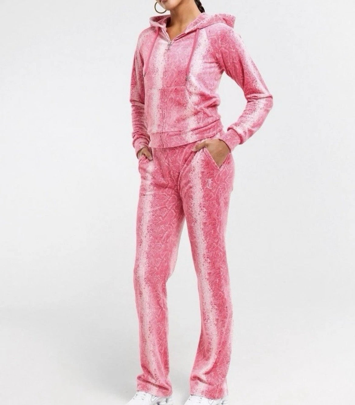 JUICY COUTURE Diamante Velour Zip Hoodie Jacket Womens Pink Snake Print