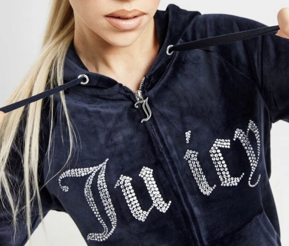 JUICY COUTURE Diamante Velour Logo Full Zip Hoodie Jacket Blue Womens