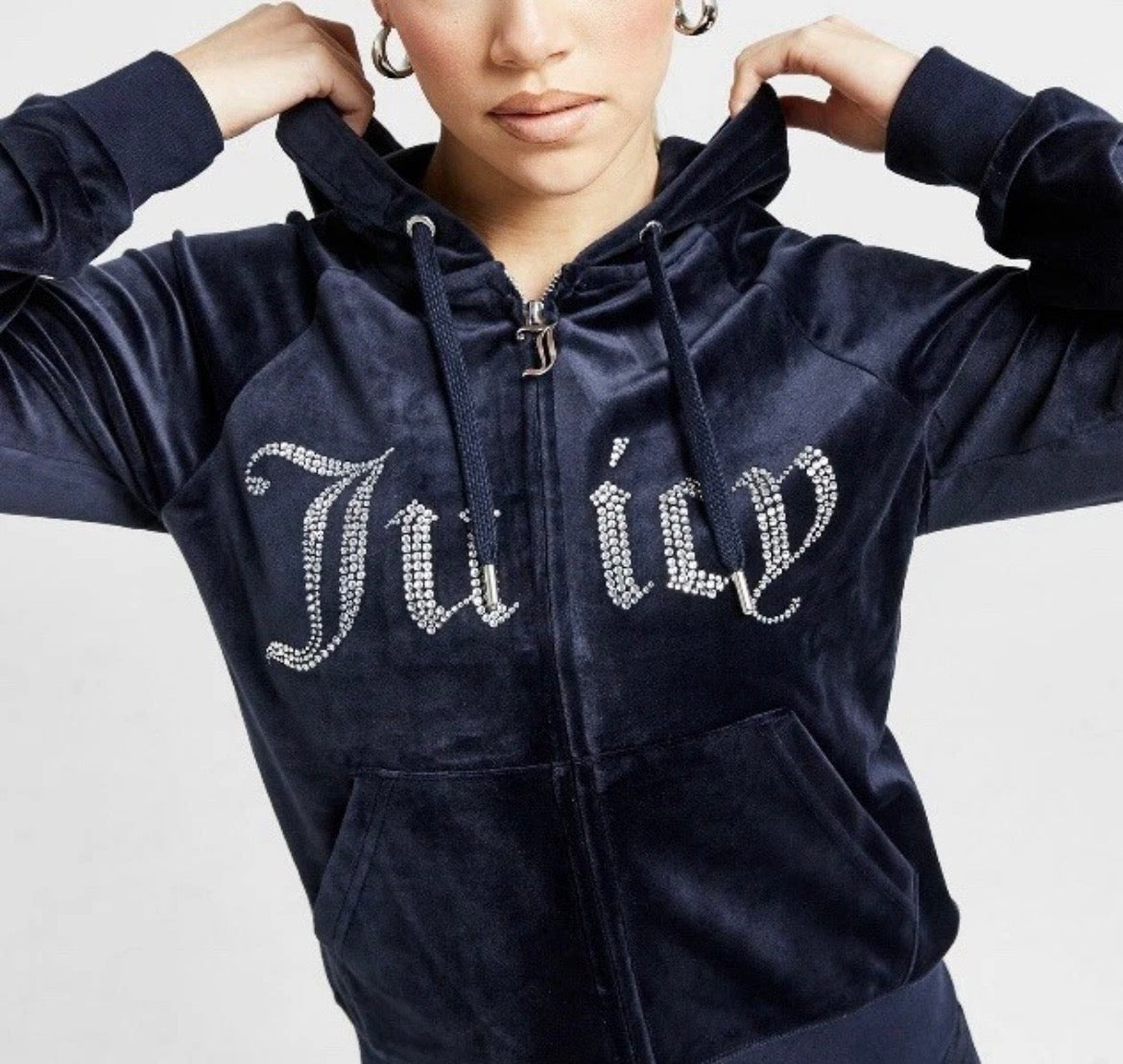JUICY COUTURE Diamante Velour Logo Full Zip Hoodie Jacket Blue Womens