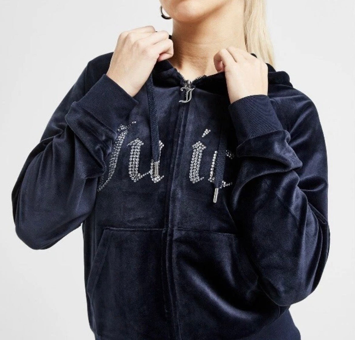 JUICY COUTURE Diamante Velour Logo Full Zip Hoodie Jacket Blue Womens