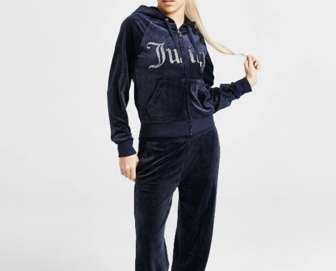 JUICY COUTURE Diamante Velour Logo Full Zip Hoodie Jacket Blue Womens