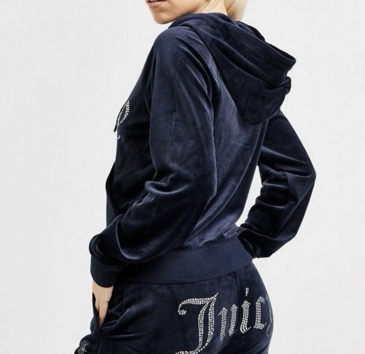 JUICY COUTURE Diamante Velour Logo Full Zip Hoodie Jacket Blue Womens
