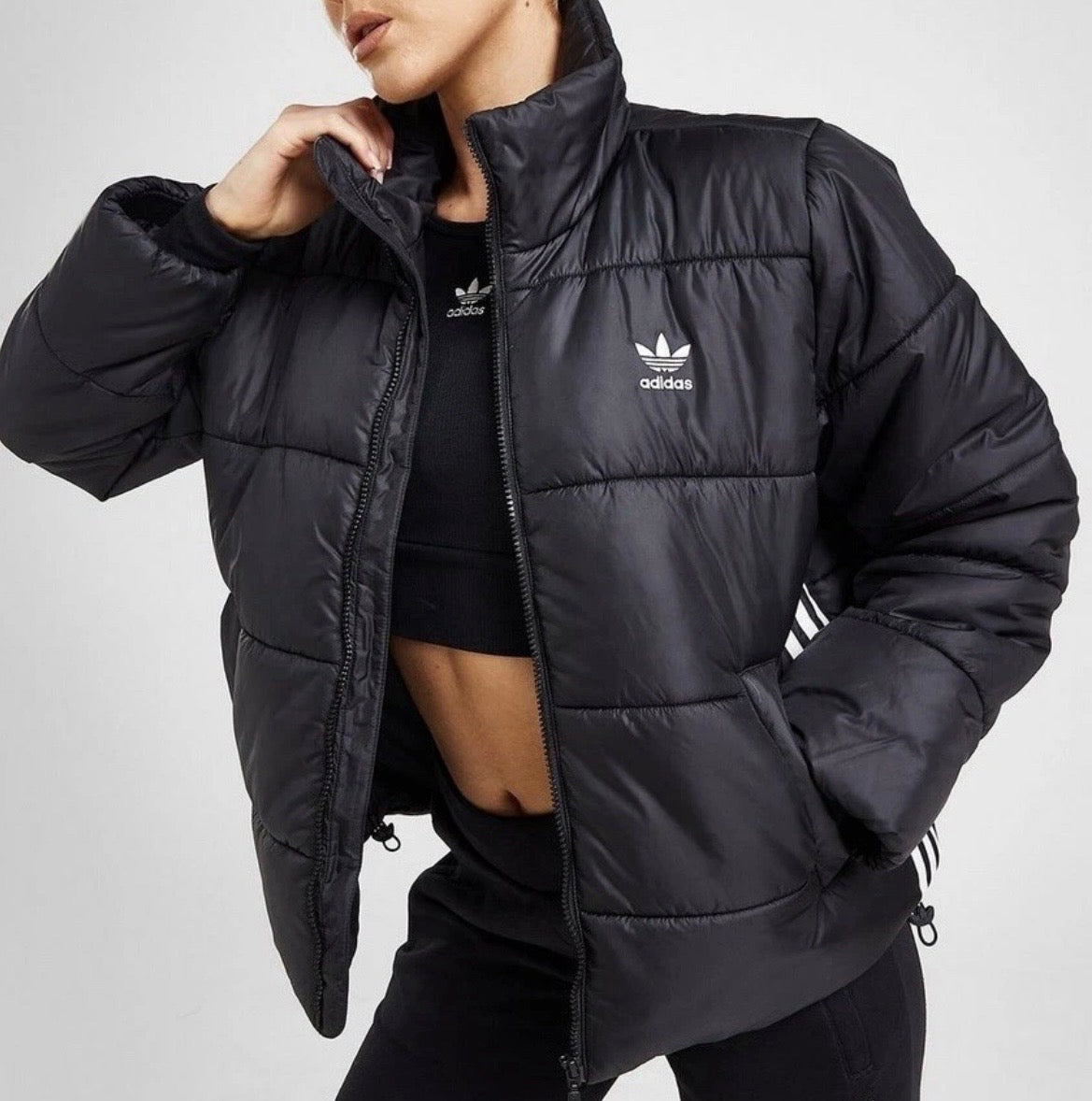 adidas Originals 3-Stripes Puffer Jacket Womens Black Full Zip