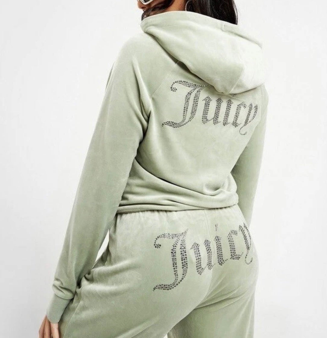 JUICY COUTURE Diamante Velour Full Zip Hoodie Sage Green Womens