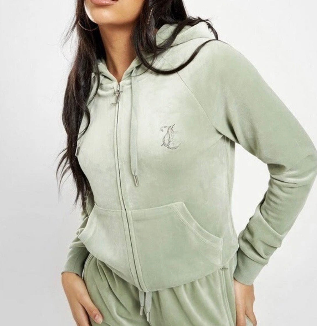 JUICY COUTURE Diamante Velour Full Zip Hoodie Sage Green Womens