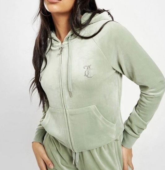 JUICY COUTURE Diamante Velour Full Zip Hoodie Sage Green Womens
